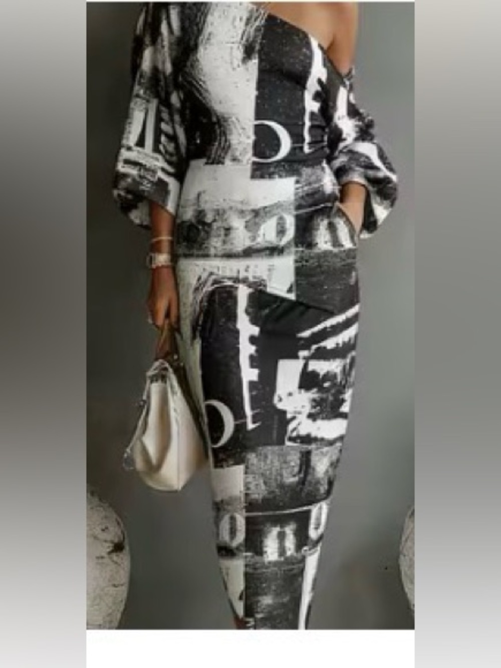 Black & White Off-Shoulder Graphic Midi Dress